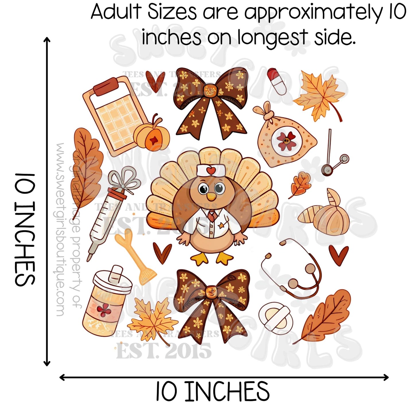 Nurse Turkey Fall DTF Transfer – Medical Thanksgiving Design with Leaves and Pills
