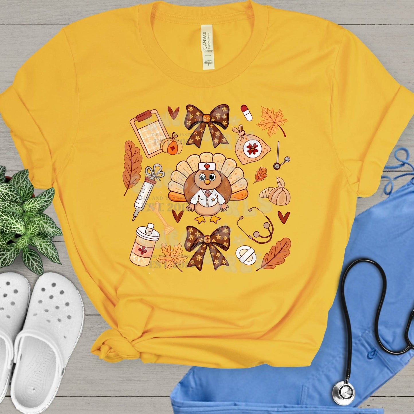 Nurse Turkey Fall DTF Transfer – Medical Thanksgiving Design with Leaves and Pills