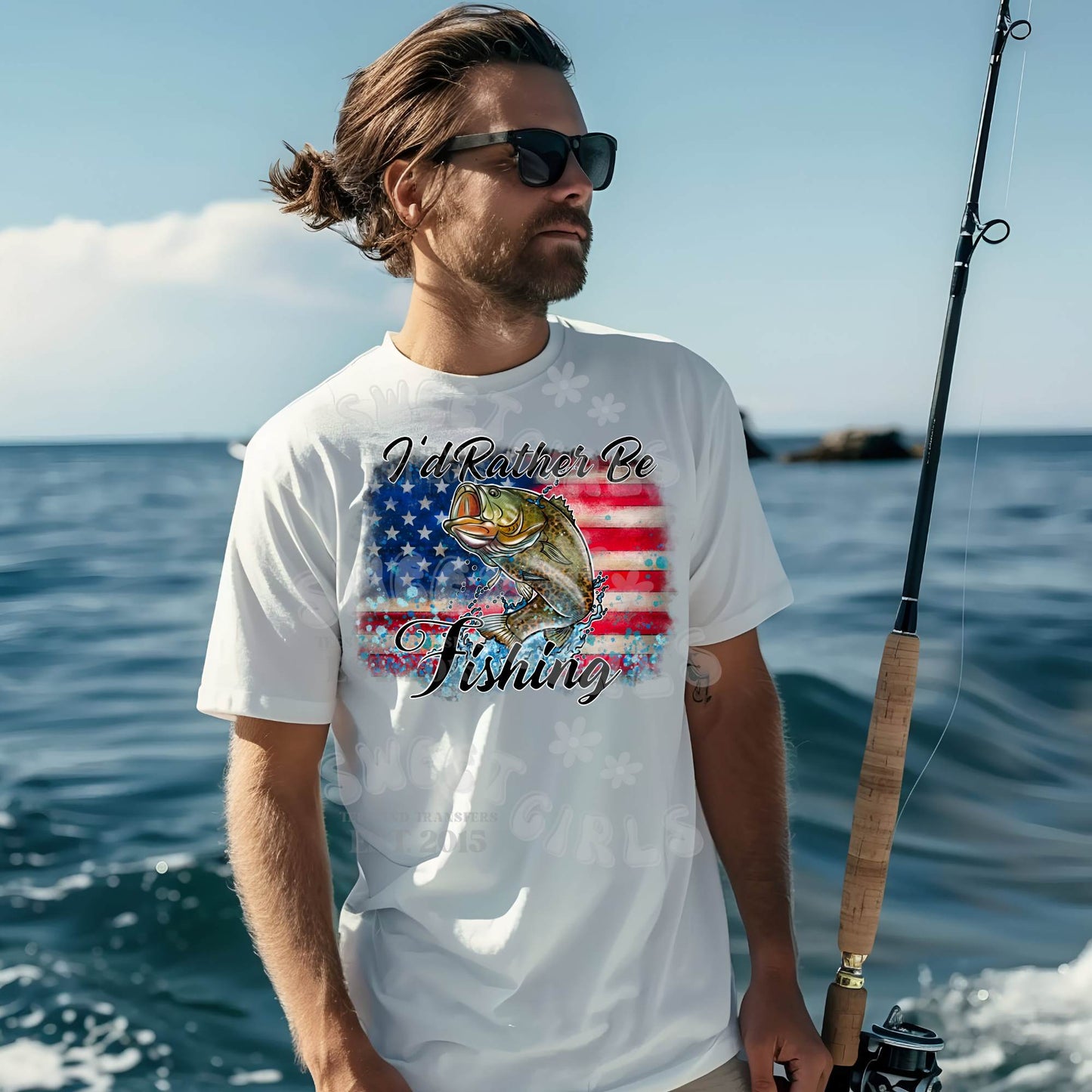 I'd Rather Be Fishing DTF Heat Transfer – Patriotic Bass with American Flag Background