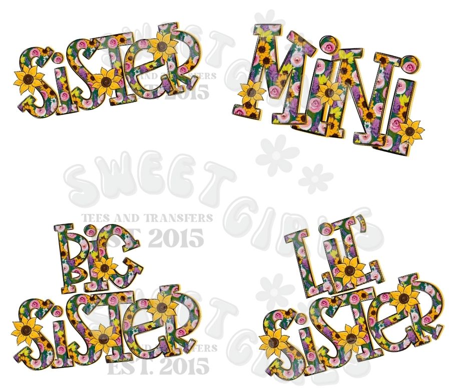 Sunflower Sister Name DTF Transfer – Big Sister Little Sister Floral Print – Youth Toddler Pocket Sizes