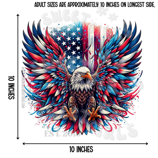 Patriotic Eagle with Flag DTF Transfer – Red White & Blue American Bird Design with Flag Backdrop – USA 4th of July Iron-On Shirt Print