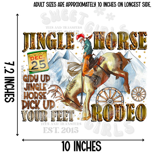 Jingle Horse Rodeo DTF Transfer – Western Christmas Cowboy Design with Bronze & Red Accents – Funny Holiday Iron-On