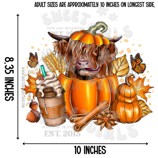 Pumpkin Spice Highland Cow DTF Transfer for Tees – Fall Latte Autumn Cow Heat Press Iron-On | DTF Heat Transfer Iron-On for Fall Shirts, Tees & Crafts