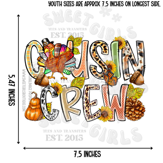 Cousin Crew Thanksgiving Turkey DTF Transfer – Fall Leaves Pumpkin Family Tee Iron-On | DTF Heat Transfer Iron-On for Fall Shirts, Tees & Crafts