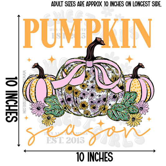 Pumpkin Season DTF Transfer – Orange, Yellow, and Pink Pumpkins with Daisy Flowers and Light Pink Bow – Fall Iron-On Shirt Print for Autumn Vibes
