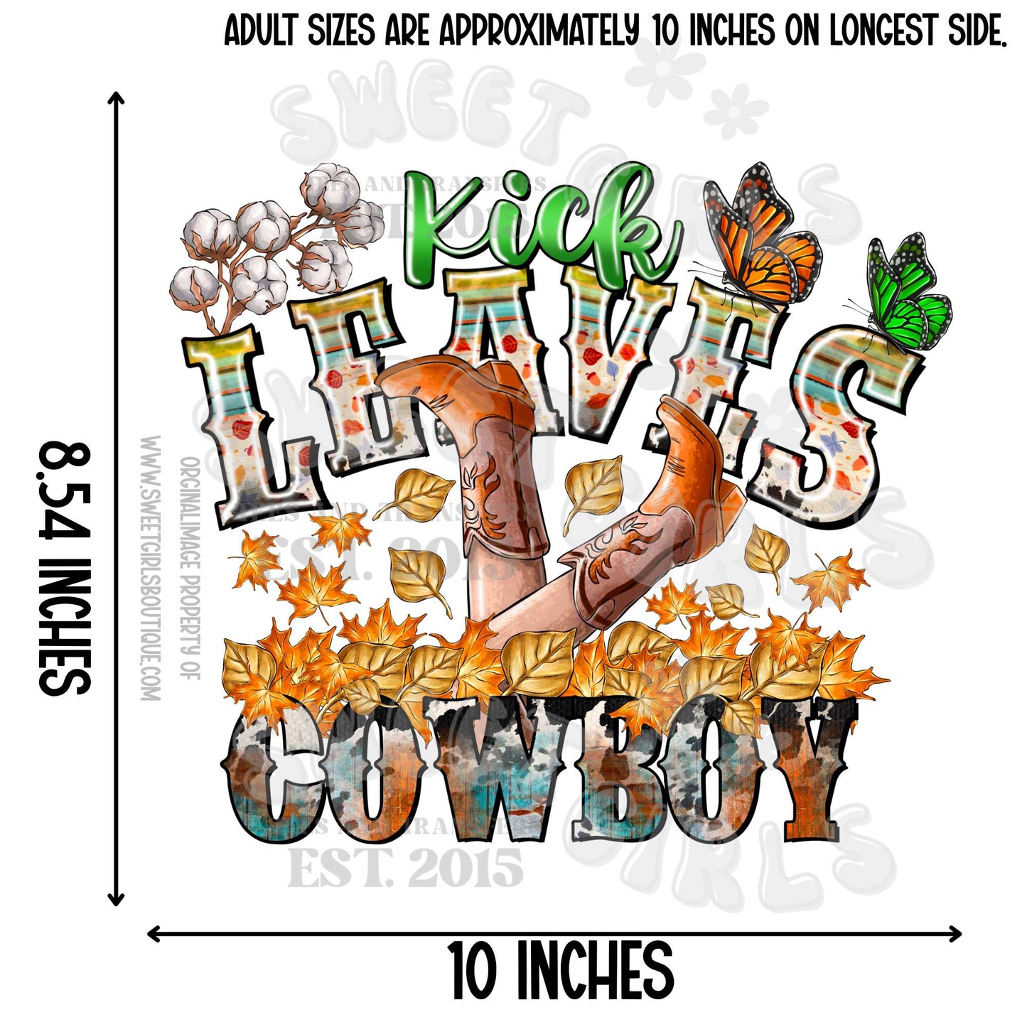 Kick Leaves Cowboy Boots DTF Transfer – Western Fall Leaves Autumn Cowgirl Tee Iron-On | DTF Heat Transfer Iron-On for Fall Shirts, Tees & Crafts