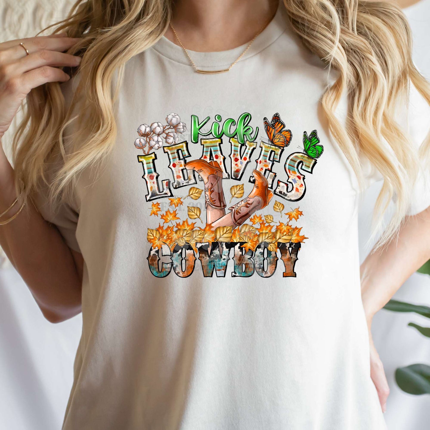 Kick Leaves Cowboy Boots DTF Transfer – Western Fall Leaves Autumn Cowgirl Tee Iron-On | DTF Heat Transfer Iron-On for Fall Shirts, Tees & Crafts