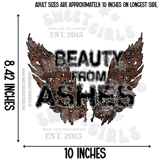Beauty From Ashes Wings DTF Transfer – Burnt Brown and Charcoal Angel Wings with Grunge Texture – Faith-Based Inspirational Iron-On Design – Ready to Press
