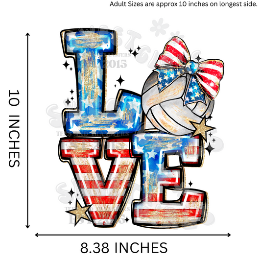LOVE Volleyball USA Bow Heat Transfer – Direct to Film (DTF) Iron-On Transfer – American Flag Volleyball Design – July 4th Fabric Decal for T-Shirts & Bags