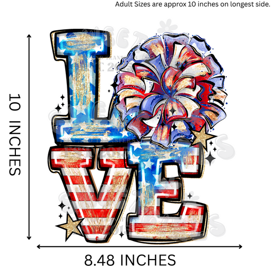 LOVE Cheer Bow USA DTF Transfer – American Flag Print Ready to Press Iron-On for Cheerleaders – Red White Blue Heat Transfer – 4th of July Fabric Sticker