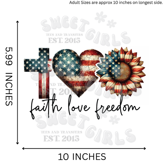 Faith Love Freedom DTF Heat Transfer – Cross, Heart, Sunflower with American Flag – Patriotic Iron-On Sticker for Summer Tees – Ready to Press