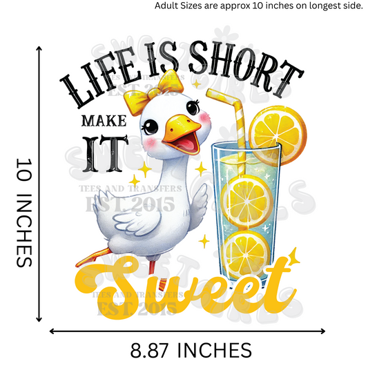 Life Is Short Make It Sweet DTF Heat Transfer – Duck with Lemonade & Bow – Cute Summer Iron-On for Shirts, Totes, and DIY Apparel – Ready to Press