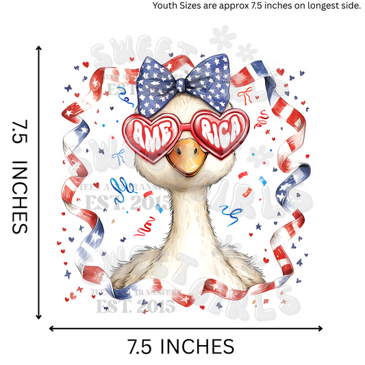 America Goose with Sunglasses & Bow DTF Heat Transfer – Patriotic 4th of July Iron-On for Tees & Totes – Ready to Press Funny Goose Design