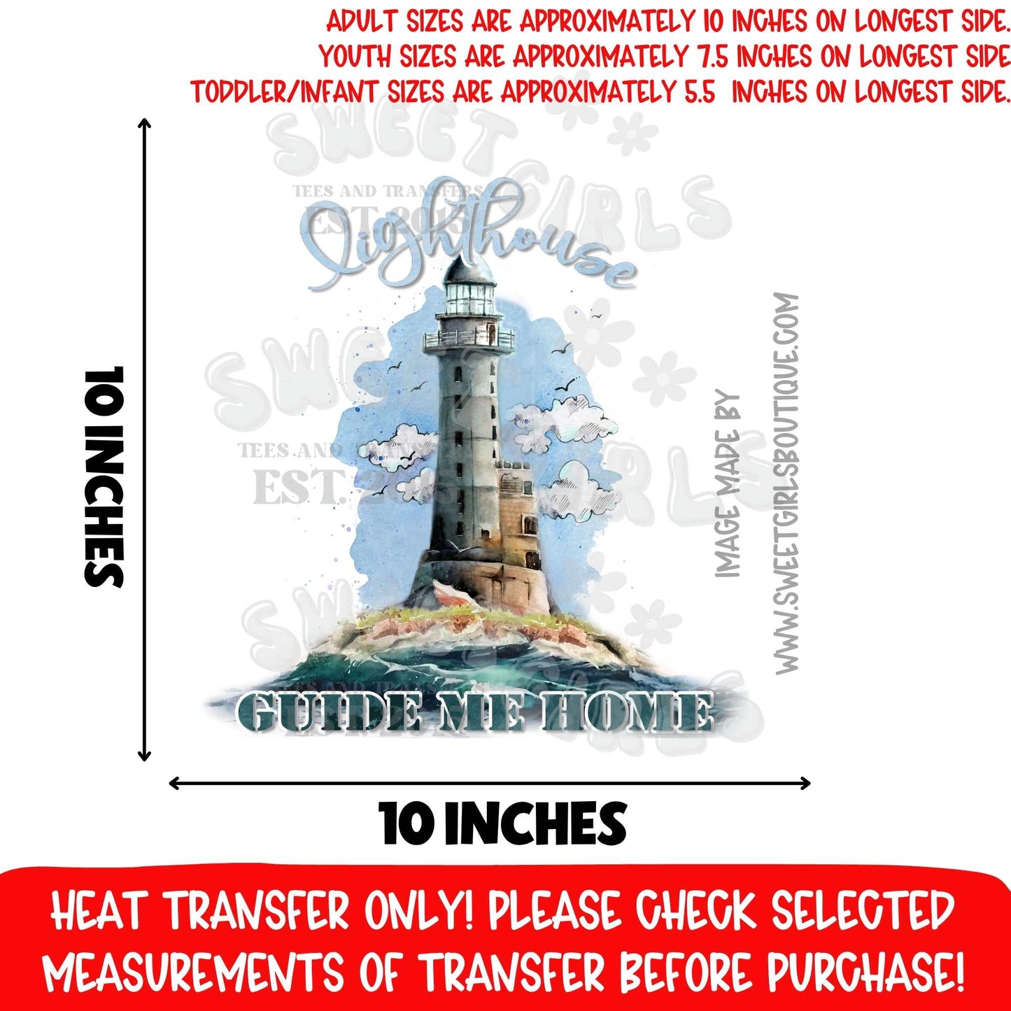 Lighthouse Guide Me Home Coastal Nautical DTF Heat Transfer, Ready To Press, NOT A SHIRT