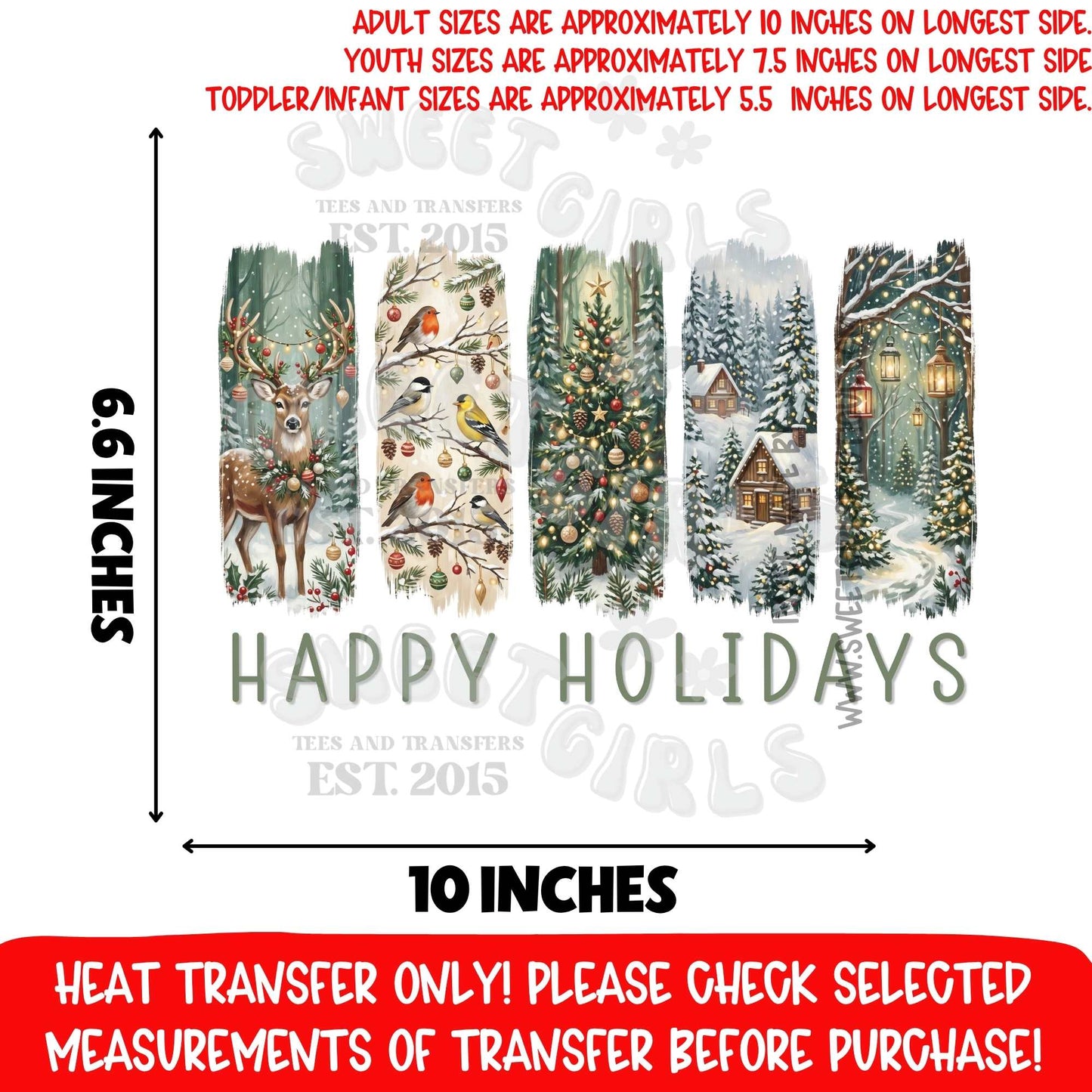 Happy Holidays Winter Deer Birds Christmas Tree Cabin DTF Heat Transfer, Ready To Press, NOT A SHIRT