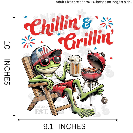 Chillin’ & Grillin’ Frog DTF Transfer – Patriotic Beer BBQ Design – Ready to Press