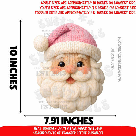 Pink Knit Santa Cute Christmas Heat Transfer | Cozy Santa Claus DTF Ready To Press | Not a Shirt | Holiday Santa Design