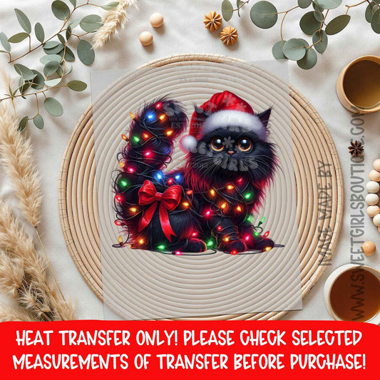 Christmas Cat Lights Holiday Kitty Heat Transfer | Cute Xmas Cat Print | DTF Ready To Press | Not a Shirt | Christmas Cat Design