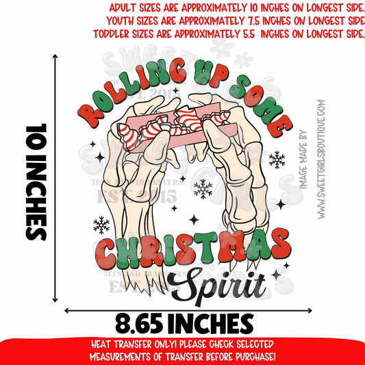 Rolling Christmas Spirit Skeleton Hands Candy Cane Heat Transfer | Funny Christmas DTF Ready To Press | Not a Shirt | Holiday Humor Design
