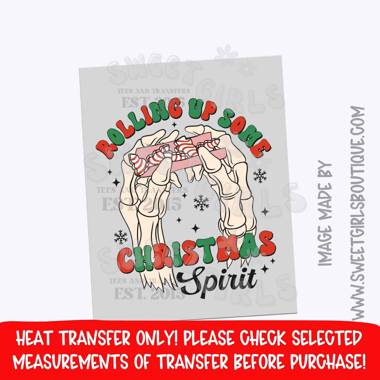Rolling Christmas Spirit Skeleton Hands Candy Cane Heat Transfer | Funny Christmas DTF Ready To Press | Not a Shirt | Holiday Humor Design
