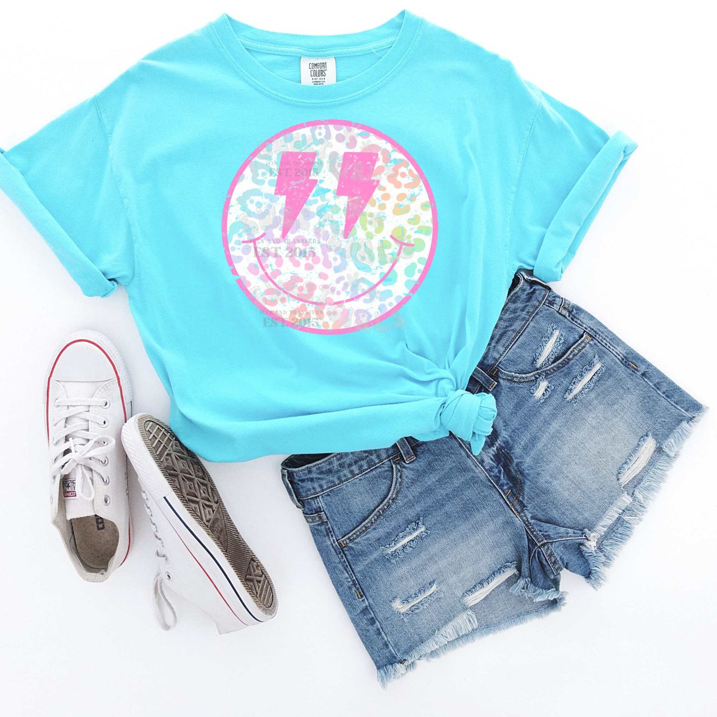 Smiley Face Leopard Bolt Heat Transfer – Trendy Retro Lightning Smile DTF Iron-On