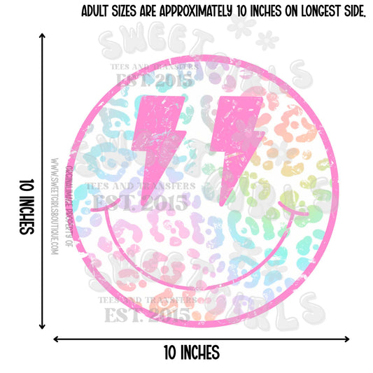 Smiley Face Leopard Bolt Heat Transfer – Trendy Retro Lightning Smile DTF Iron-On