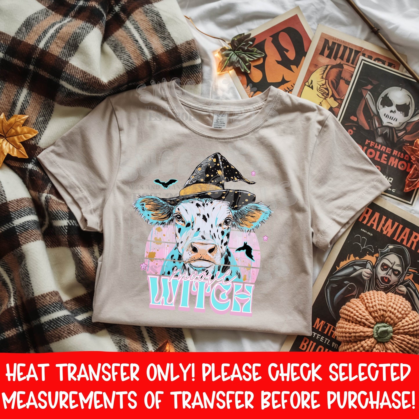 Moove Witch Cow Print DTF Heat Transfer | Cute Halloween Cowgirl Witch Hat Printable Iron On | Retro Farm Animal Spooky Fall Aesthetic Shirt Transfer