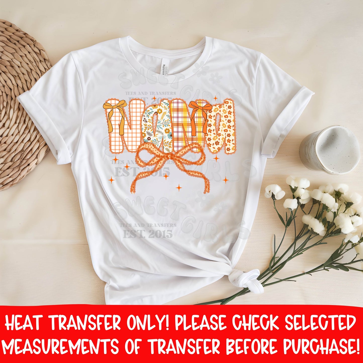 Nana Orange Bow Floral Plaid Fall DTF Heat Transfer | Cute Retro Autumn Printable Iron On | Trendy Coquette Checkered Nana Shirt Design for Moms & Grandmas