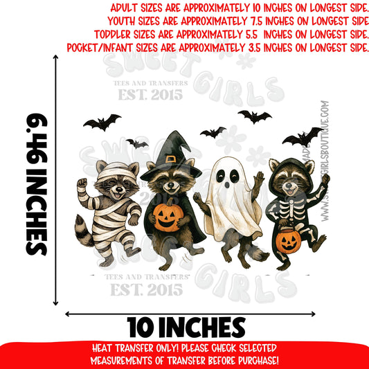 Halloween Raccoons Ghost Bat DTF Heat Transfer | Cute Spooky Fall Animals Printable Iron On | Retro Trick or Treat Autumn Aesthetic Shirt Transfer