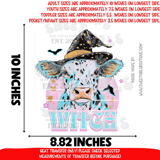 Moove Witch Cow Print DTF Heat Transfer | Cute Halloween Cowgirl Witch Hat Printable Iron On | Retro Farm Animal Spooky Fall Aesthetic Shirt Transfer