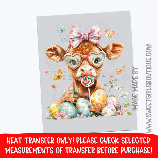 Cute Easter Brown Cow DTF Heat Transfer | Spring Cow Print | Pastel Farm Cow Design | Lollipop Bunny Egg Art | Not a Shirt