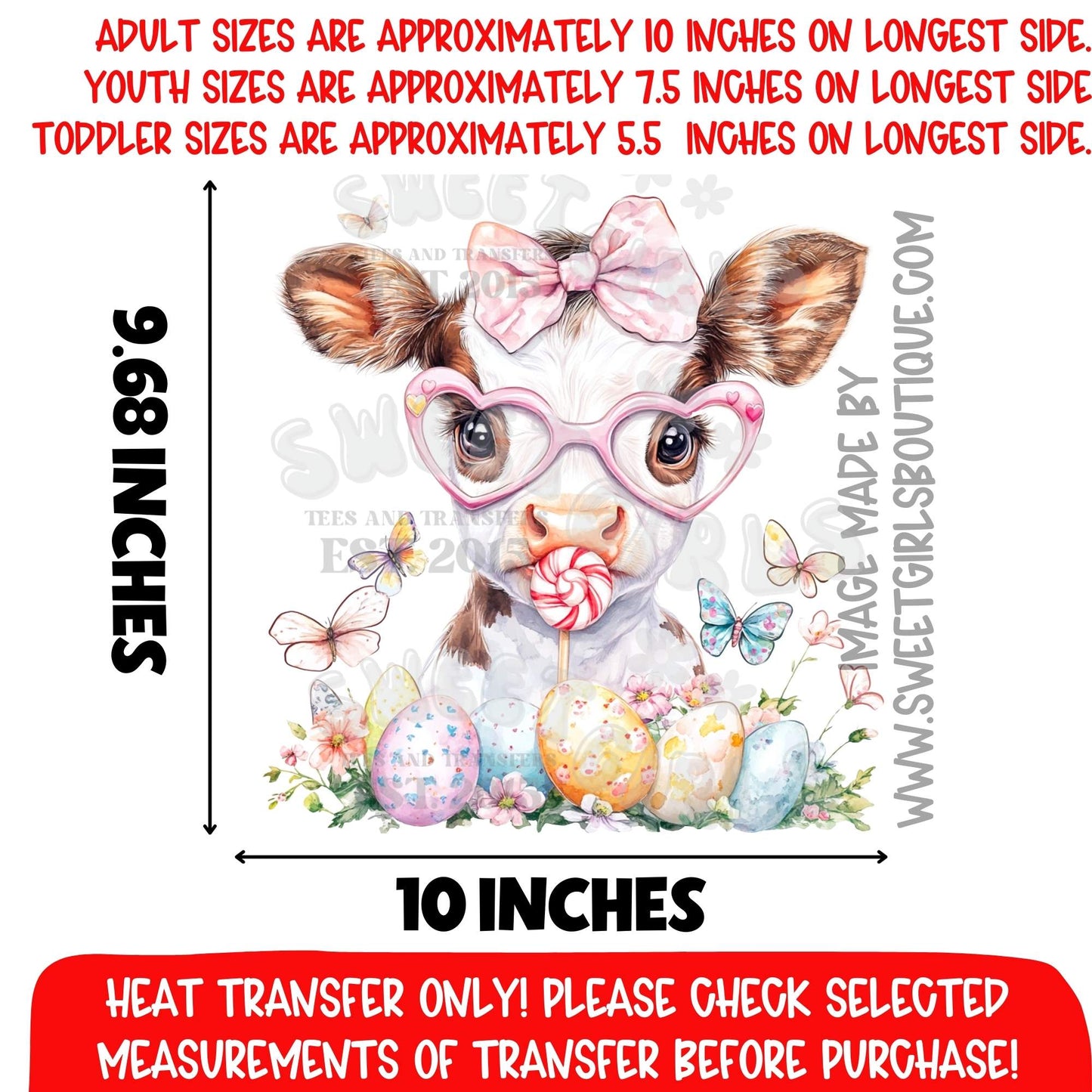 White Easter Cow Heart Glasses DTF Heat Transfer | Spring Cow Print | Pastel Egg Art | Farm Girl Easter Design | Not a Shirt