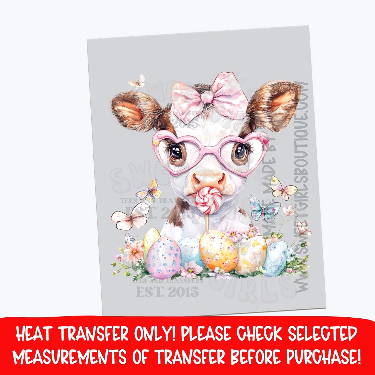 White Easter Cow Heart Glasses DTF Heat Transfer | Spring Cow Print | Pastel Egg Art | Farm Girl Easter Design | Not a Shirt