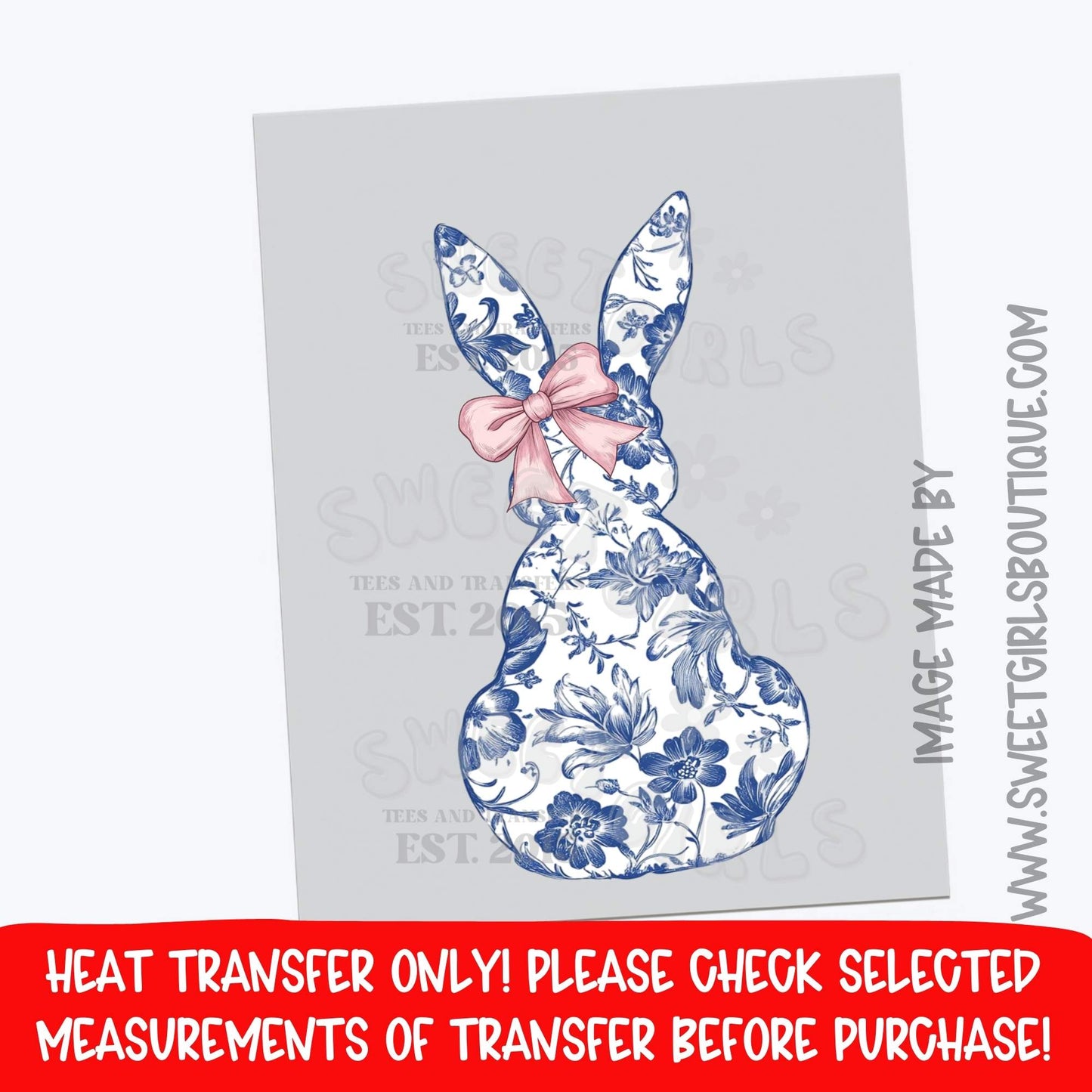 Chinoiserie Bunny DTF Heat Transfer | Blue Floral Rabbit Print | Elegant Easter Graphic | Spring Bunny Design | Not a Shirt