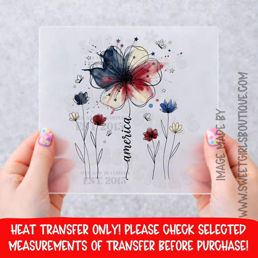 AMERICA AMERICA AMERICA PATRIOTIC FLOWER USA FLAG FLORAL RED WHITE BLUE 4TH JULY SUMMER SHIRT DTF HEAT TRANSFER NOT A SHIRT