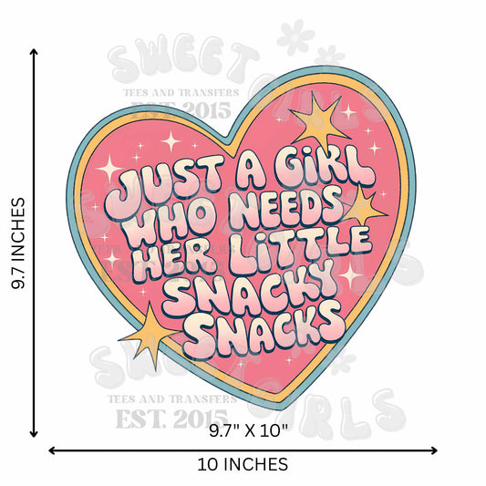 Just A Girl Who Needs Her Little Snacky Snacks DTF Transfer – Cute Retro Heart Iron-On HEAT TRANSFER – Direct to Film Sticker for Shirts & Totes
