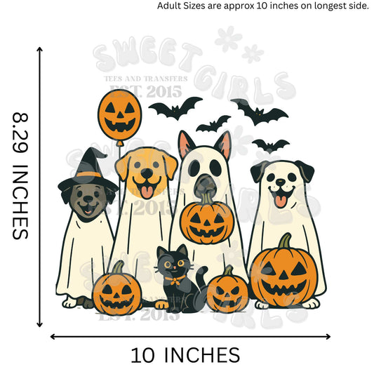 Halloween Dog Pack DTF Transfer – Ghost Dog Squad with Pumpkins & Bats – Ready to Press