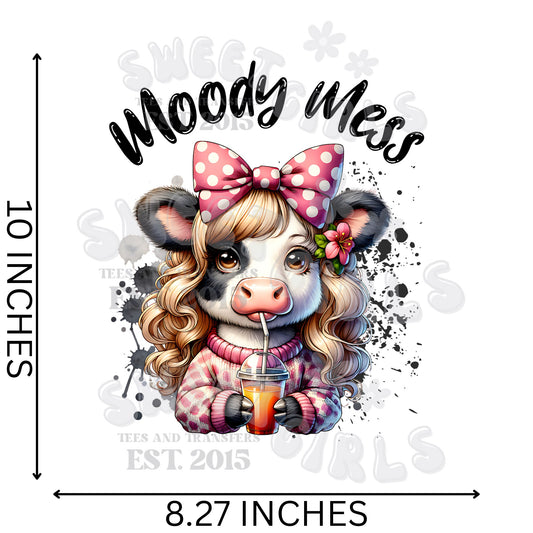 Moody Mess Cow DTF Transfer – Cute Bow & Drink Cow Iron-On Heat Transfer | Funny Western Farm Design