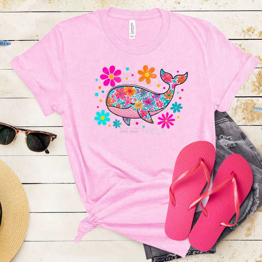 Floral Whale DTF Heat Transfer – Bright Tropical Flowers Cute Ocean Animal Iron-On Transfer for Shirts, Totes & Summer DIY – Heat Press or Iron Compatible