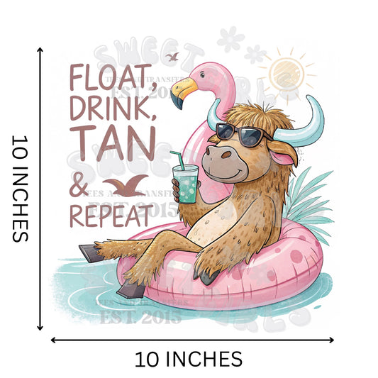 Float Drink Tan Repeat DTF Transfer – Summer Highland Cow Pool Float Heat Transfer – Funny Iron-On for Tanks, Tees, Towels & Bags