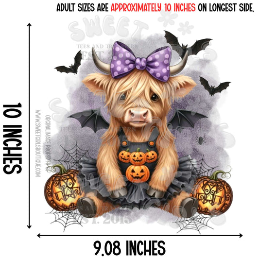 Halloween Moo Highland Cow DTF Transfer – Bat Wings Pumpkin Costume Cute Cow Shirt – Fall Farm Iron-On Design