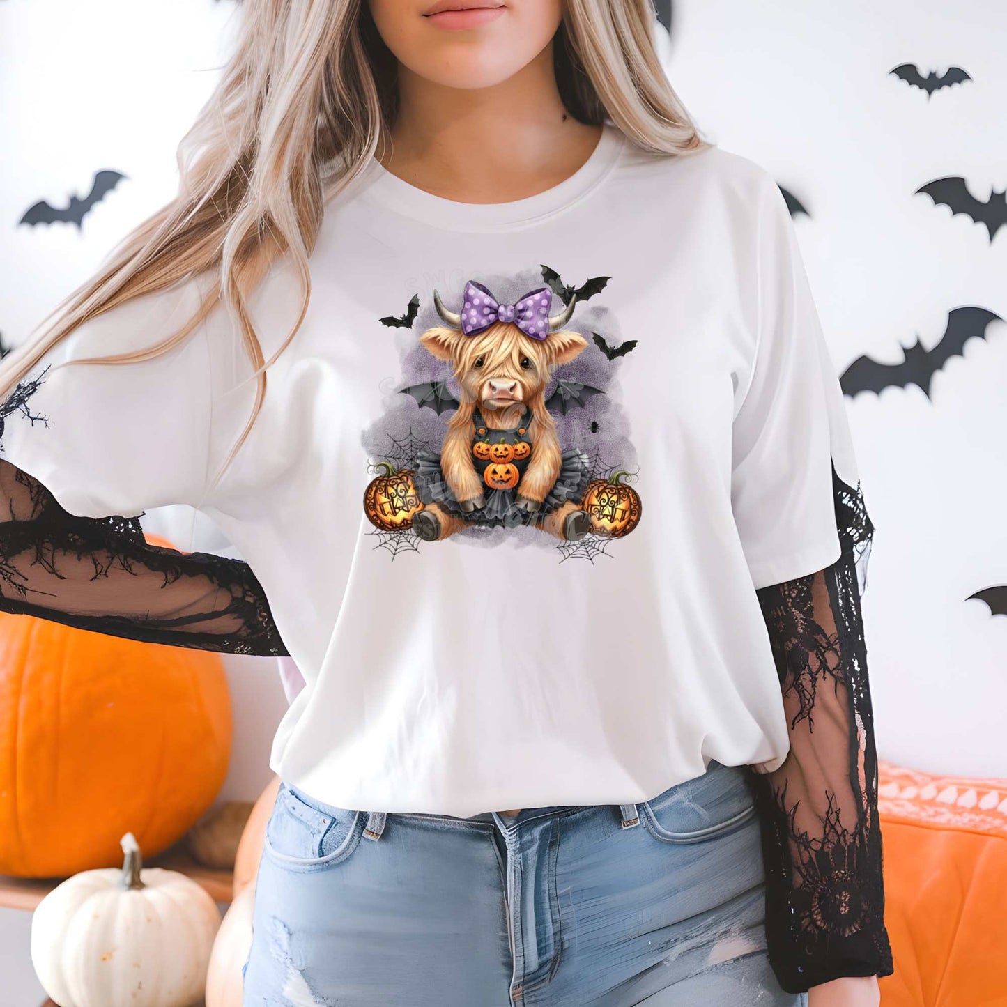 Halloween Moo Highland Cow DTF Transfer – Bat Wings Pumpkin Costume Cute Cow Shirt – Fall Farm Iron-On Design
