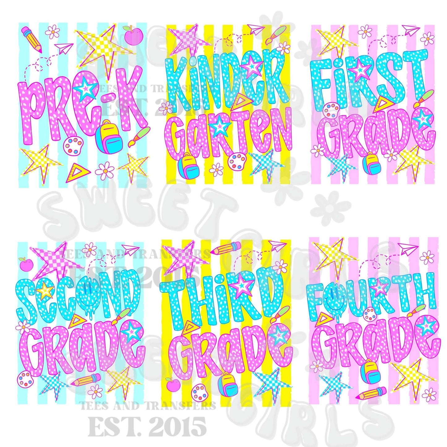 Pre-K Through Fourth Grade     Trendy Retro School Grade DTF Prints for Kids Back to School DTF Heat Transfer – PreK to 4th Grade Kids Shirt Design – Fun Elementary