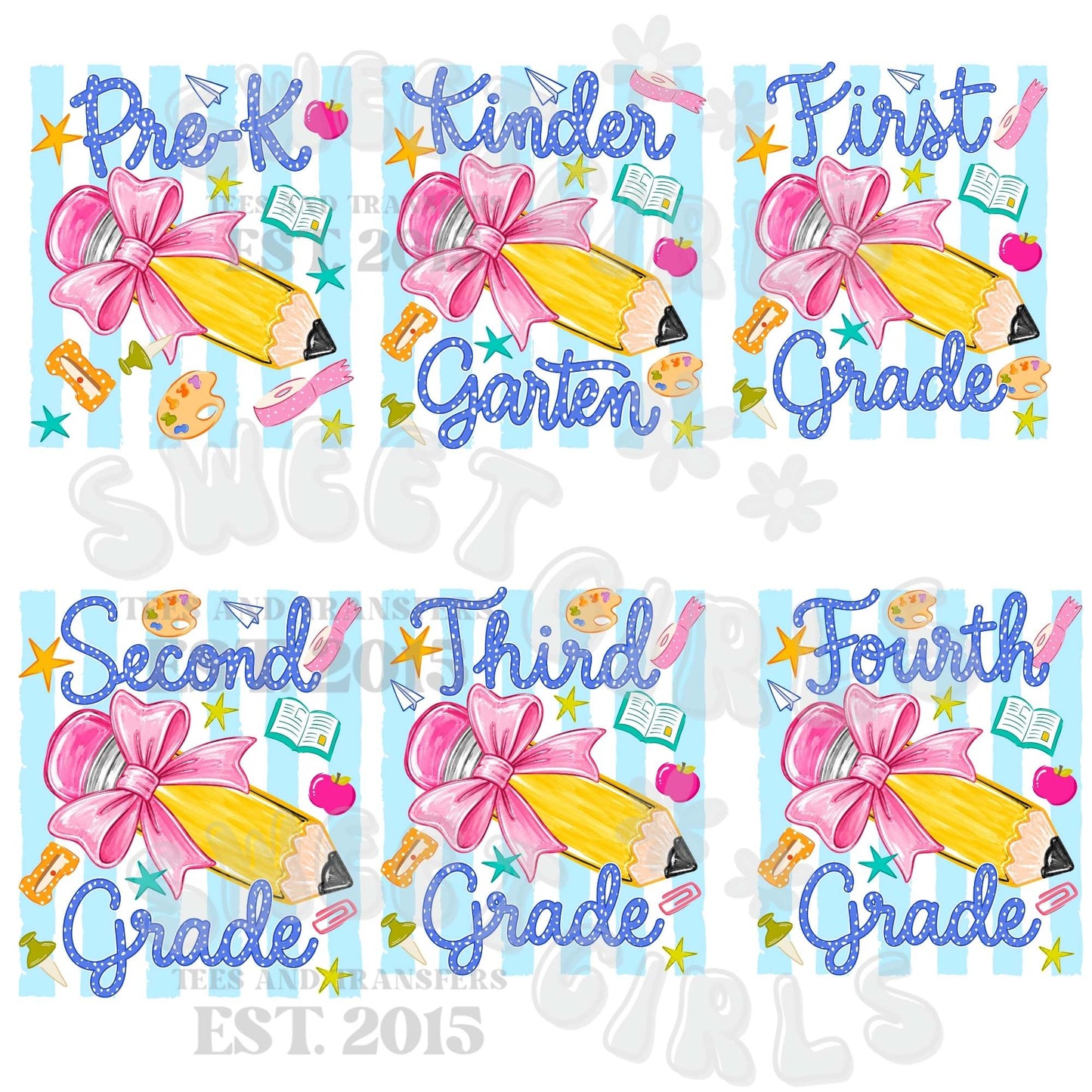 Pre-K Through Fourth Grade Pencil Bow Heat Transfer  Back to School DTF Heat Transfer – PreK to 4th Grade Kids Shirt Design – Fun Elementary