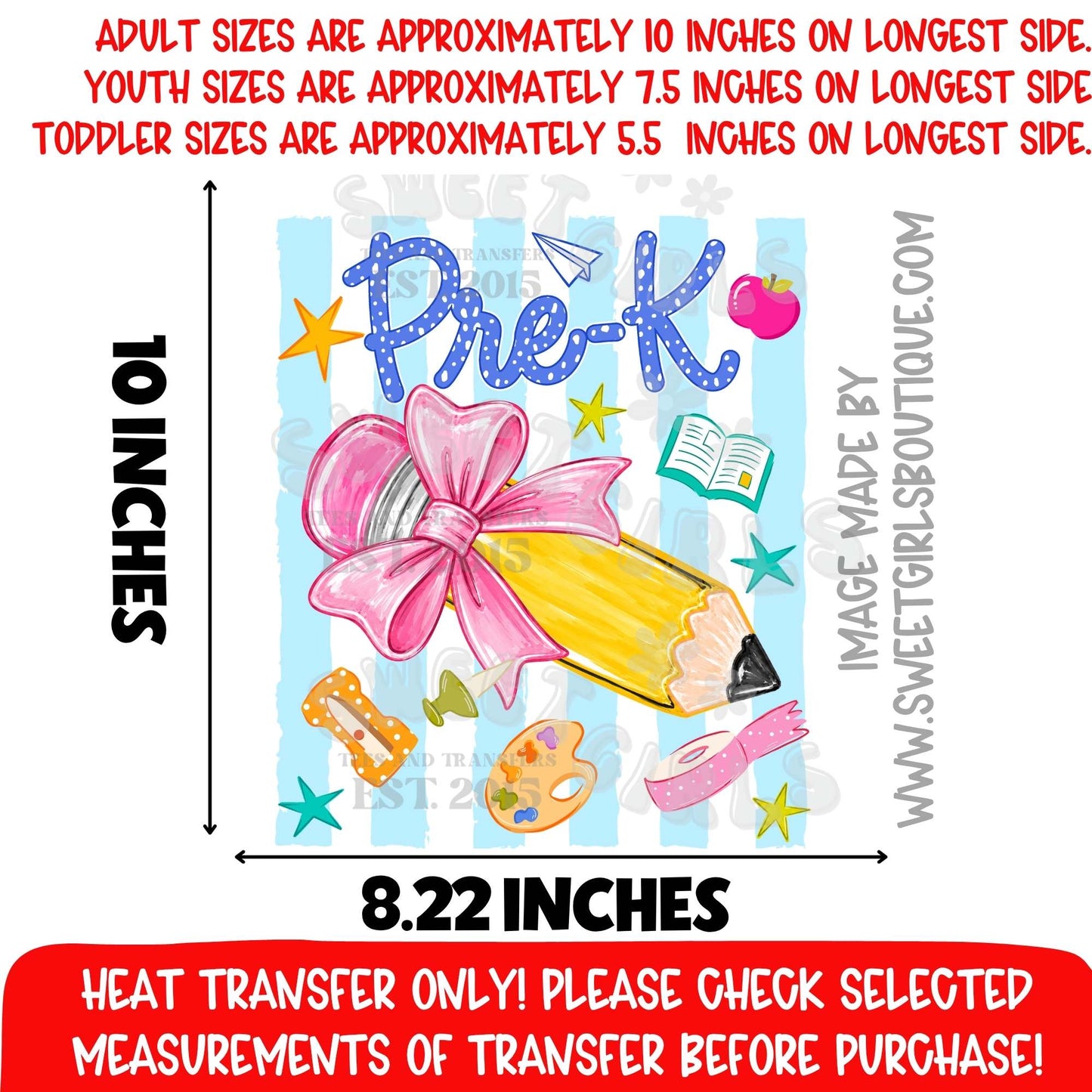Pre-K Through Fourth Grade Pencil Bow Heat Transfer  Back to School DTF Heat Transfer – PreK to 4th Grade Kids Shirt Design – Fun Elementary