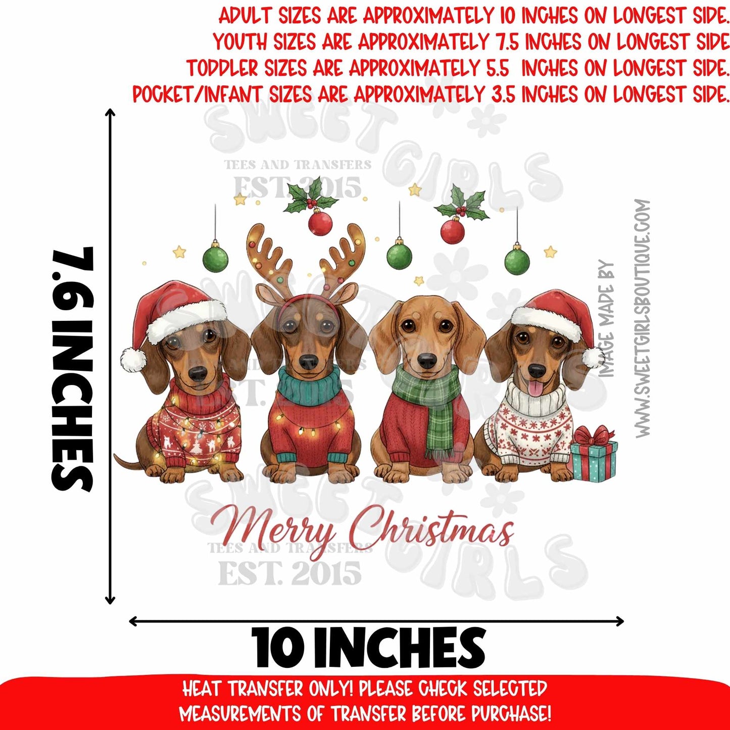 Merry Dachshund Christmas Heat Transfer | Cute Dog Holiday DTF | Funny Wiener Dog Christmas Iron On | Pet Lover Ready To Press Cold Peel Transfer | Festive Holiday Print