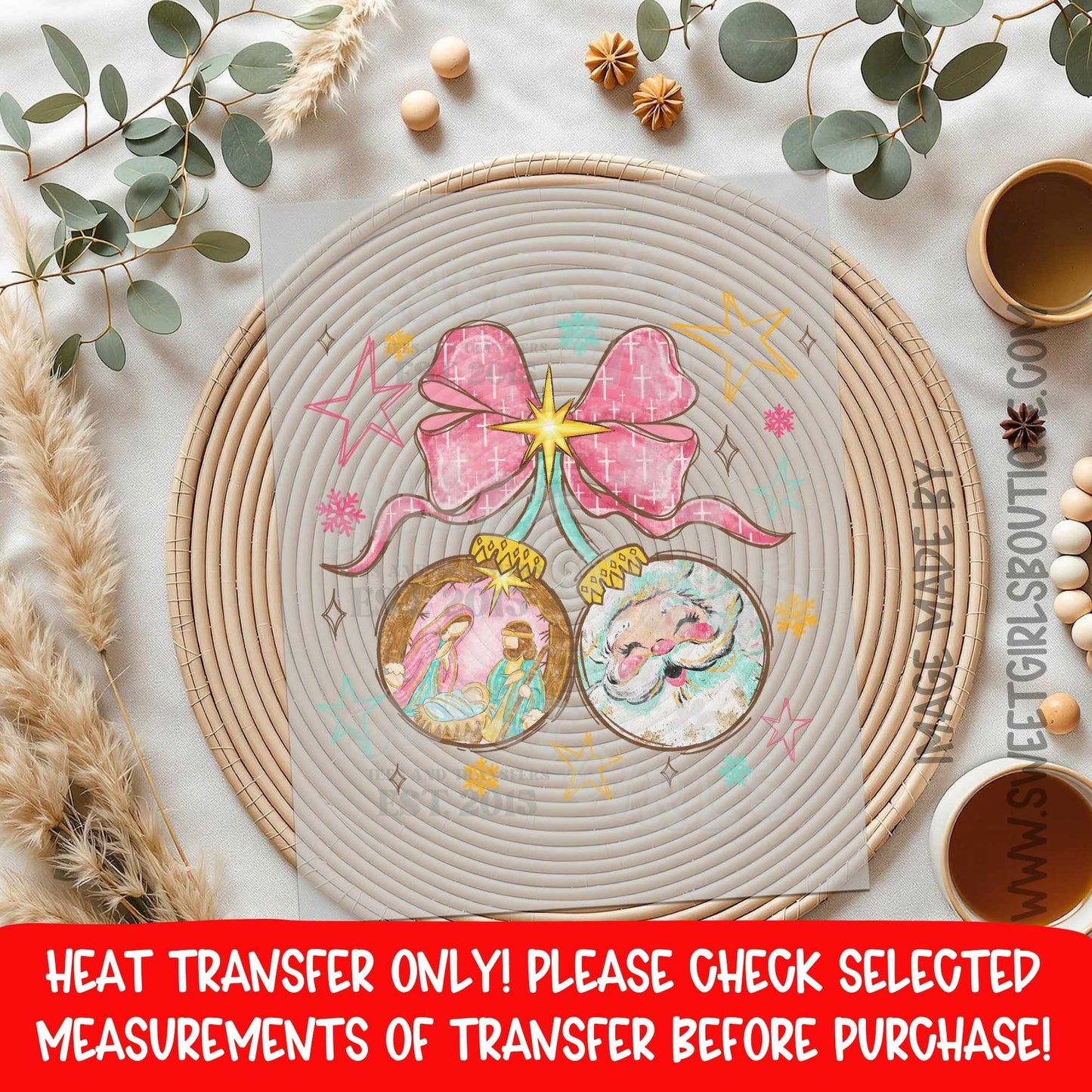 Nativity Ornament Christmas Heat Transfer | Religious DTF Print | Holy Family Manger Scene | Faith Based Holiday Iron On | Ready To Press Cold Peel Transfer | Christian Christmas Design