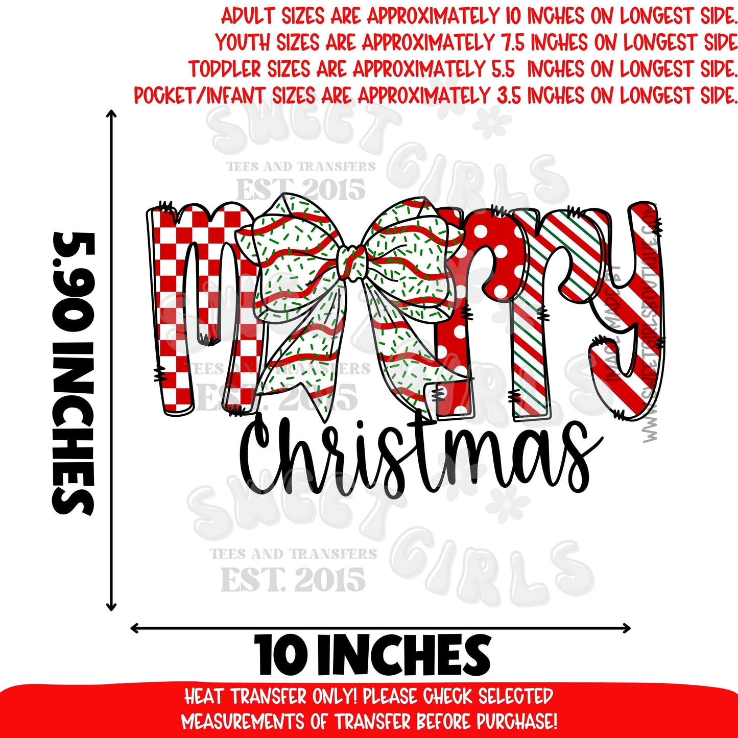 Merry Christmas Bow Word Art Heat Transfer | Festive Holiday DTF | Red Green Stripe Iron On | Ready To Press Cold Peel Transfer | Cute Christmas Lettering Print | Not A Shirt
