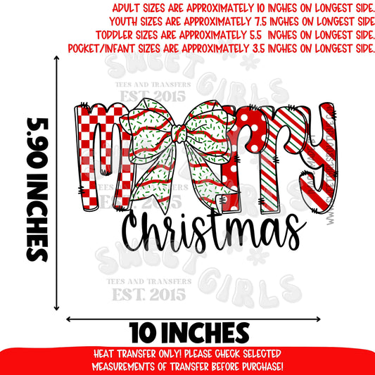 Merry Christmas Bow Word Art Heat Transfer | Festive Holiday DTF | Red Green Stripe Iron On | Ready To Press Cold Peel Transfer | Cute Christmas Lettering Print | Not A Shirt