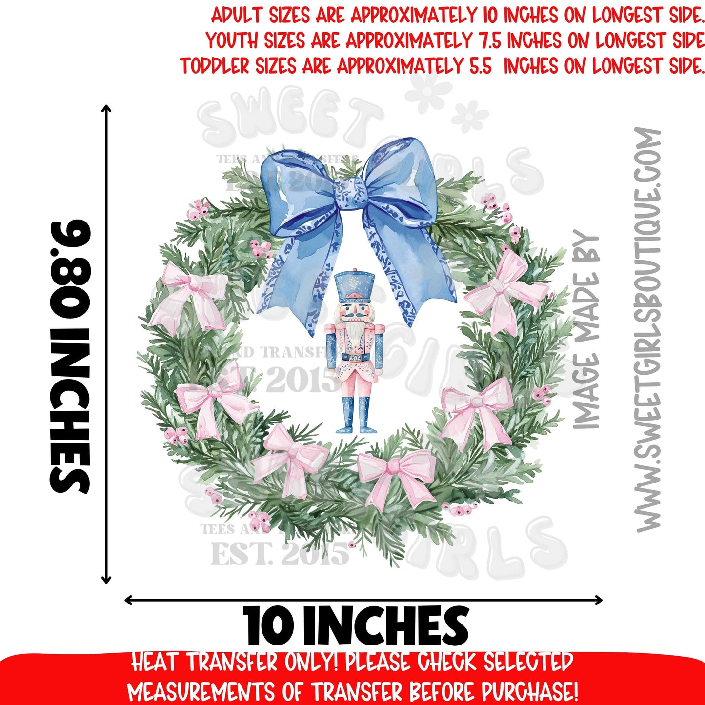 Blue Nutcracker Wreath Heat Transfer | Elegant Christmas DTF | Holiday Iron On | Ready To Press Cold Peel Transfer | Blue Bow Christmas Decor Print | Not A Shirt